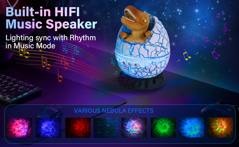 Lámpara de proyección de estrellas y luz nocturna con forma de huevo de dinosaurio, alimentada por USB, con control remoto y temporizador, altavoz Bluetooth y ruido blanco._voghion.com