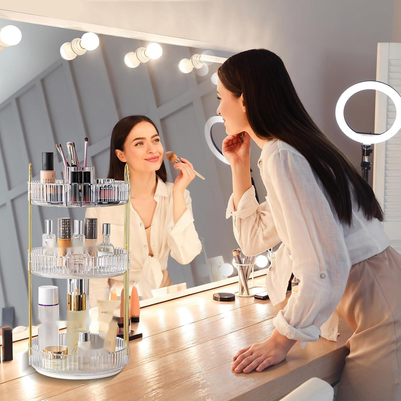 360 ° drehbare Aufbewahrungsbox für Hautpflegekosmetik mit großer Kapazität, 3-lagige Aufbewahrungsbox für Parfüm, mit Make-up-Pinselhalter, geeignet_voghion.com