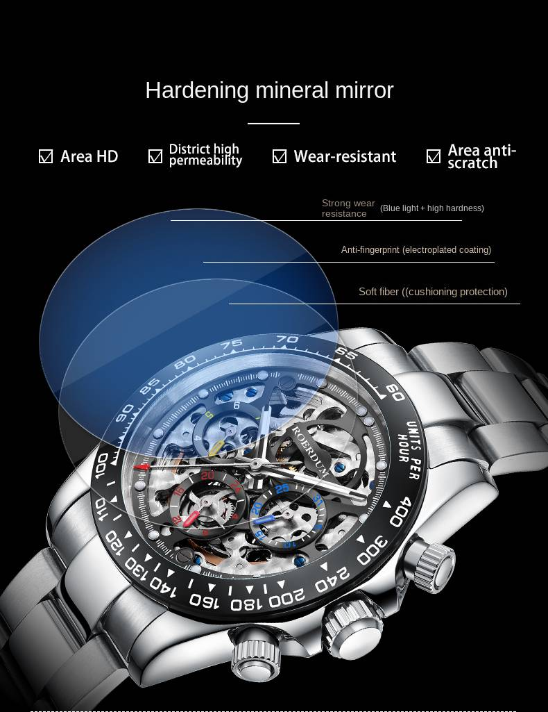 Orologio meccanico da uomo ROERDUM Daytona Series con movimento meccanico, bracciale in acciaio inossidabile e quadrante nero._voghion.com