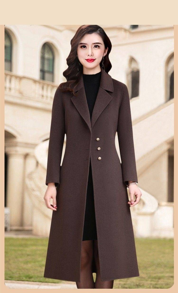 Knielanger Trenchcoat aus Wollmischung mit Gürtel für Damen – Eleganter, lässiger Büromantel in Unifarben (Khaki, Burgunderrot, Kaffeebraun, Karamell)_voghion.com
