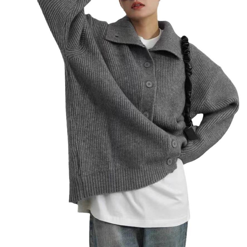 Oversized Knit Cardigan – Button-Down Collared Open Front Sweater (Black/Gray/Beige, One Size)_voghion.com