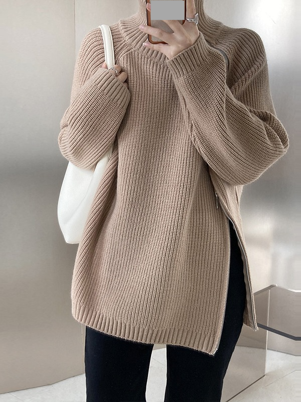 Damenbekleidung: Gemütlicher, übergroßer Pullovermantel mit Reißverschluss und hohem Kragen für Damen – Doppelreißverschluss, lockere Passform, grob gestrickt (Grau, Beige, Schwarz, Khaki)_voghion.com