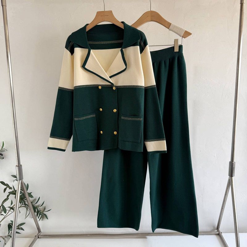 Stilvolles Damen-Set aus Strickblazer und Hose mit weitem Bein – zweireihiges, lässiges Büro-Zweiteiler-Outfit in Schwarz, Braun, Grün und Camel (Einheitsgröße)_voghion.com