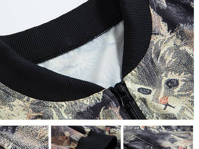 Men's Retro Print Baseball Jacket – Stretchable Four-Way Fabric, Loose Fit, Stand Collar (Floral/Geometric Patterns, S-2XL, Spring/Fall Essential)_voghion.com