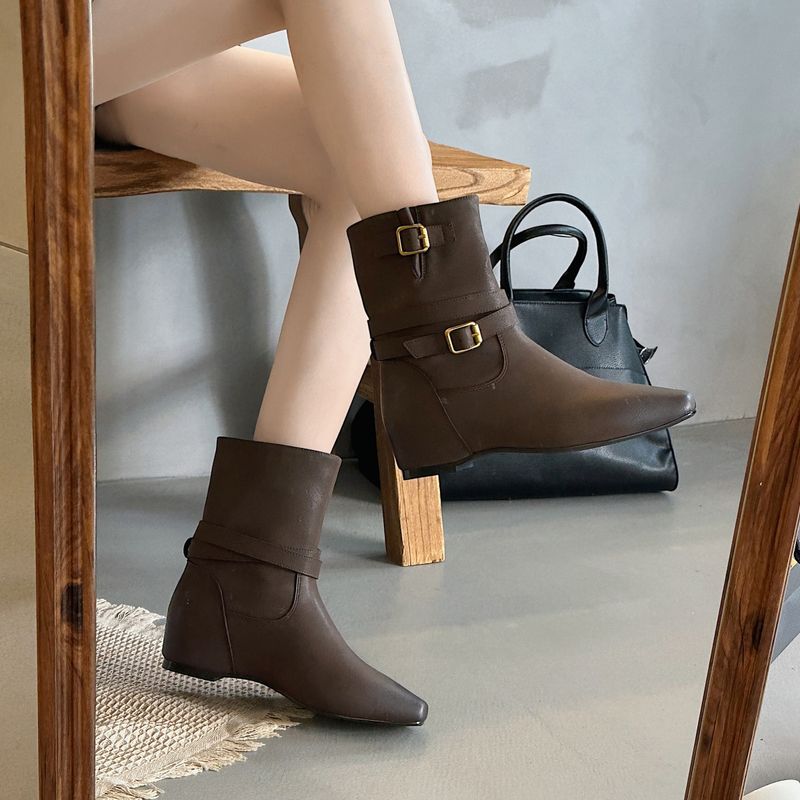 Cameido Women's Fashion Boots Short Ankle Knight Boots With Belt Buckle Flat Heel Hidden Lift Square Toe_voghion.com