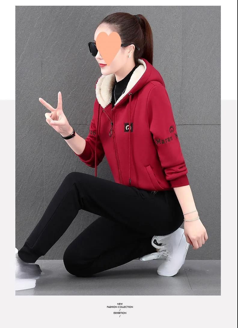 Women's Clothing Fleece-Lined Hoodie & Jogger Set - Winter Warmth Two-Piece Outfit, Plus Size 4XL, Soft Polyester, Geometric Print (Pink, Beige, Red)_voghion.com