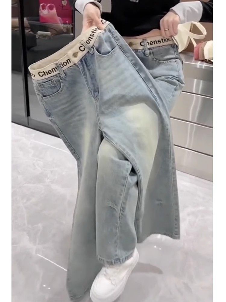 Vaqueros rectos ajustados y elásticos para mujer: pantalones vaqueros azulados de cintura alta hasta el suelo con bordado (XS-3XL)_voghion.com