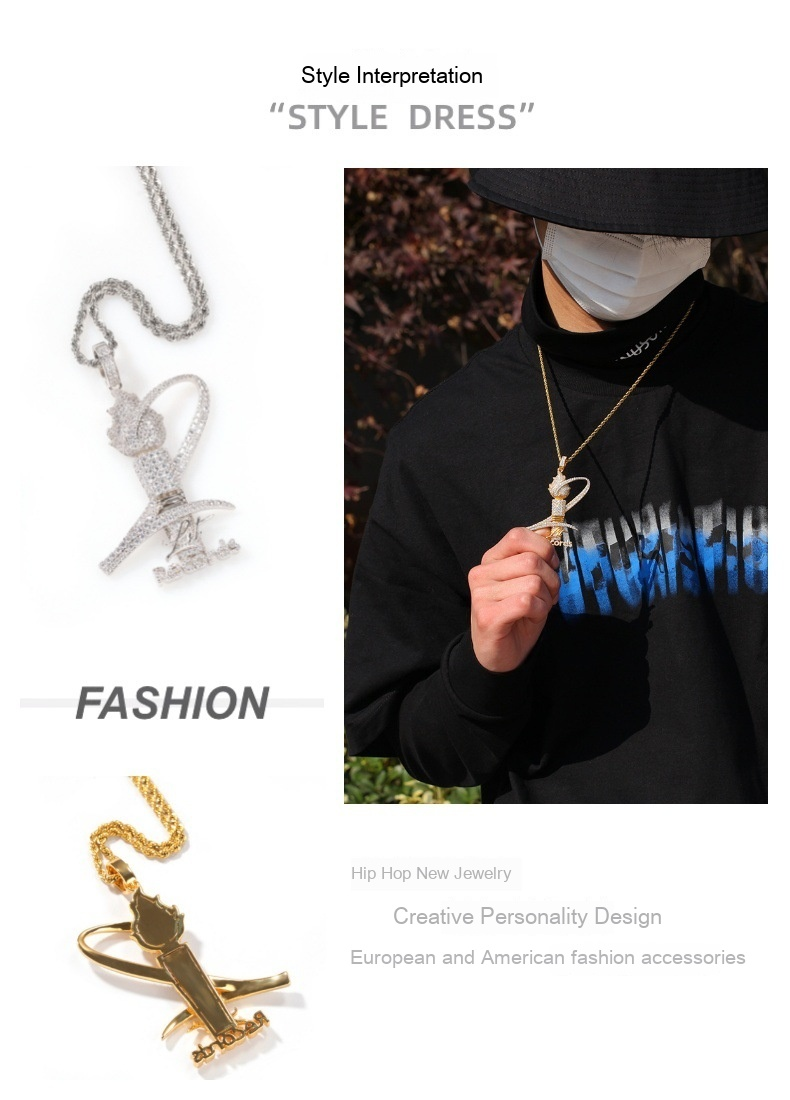 Hip Hop New Torch Commemorative Pendant with Full Diamond Zircon Necklace, Unisex Personalized Trendy Accessories_voghion.com