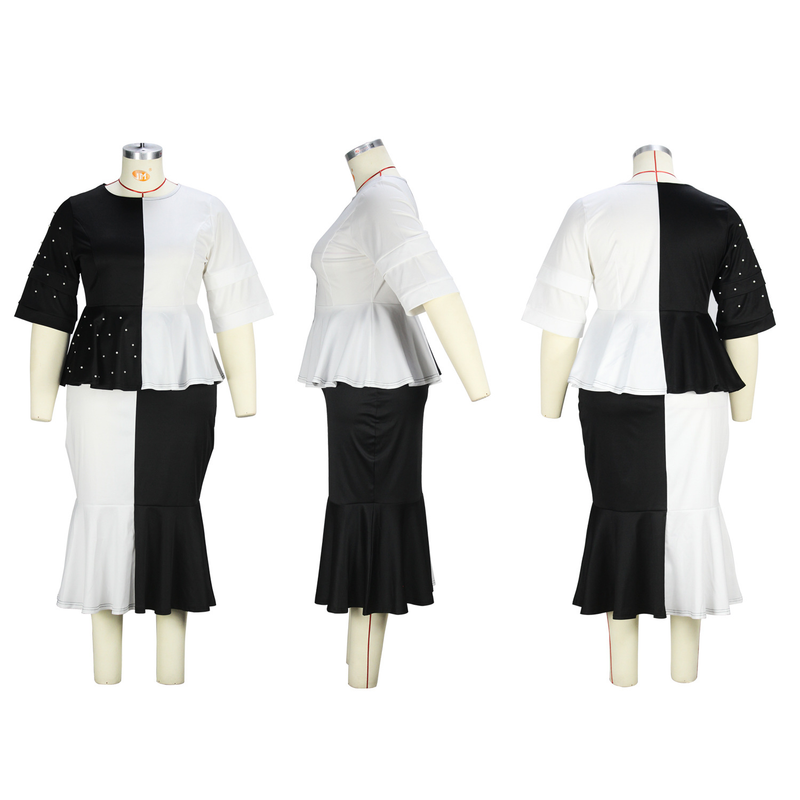 black and white contrasting color stitching beaded top fishtail skirt plus size suit_voghion.com