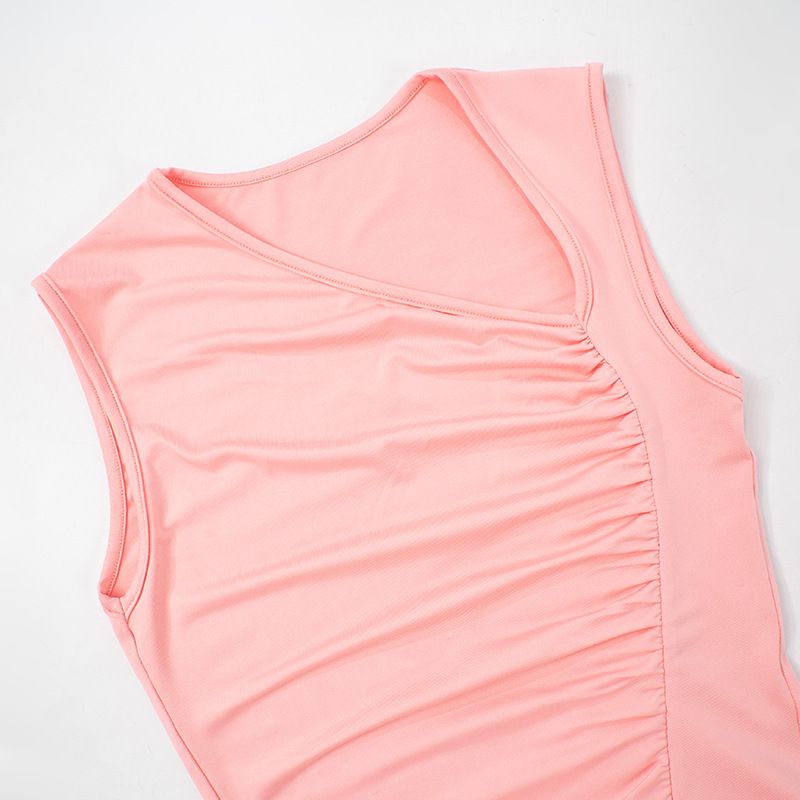 Q24TP352 Women's Summer New Item Solid Color Sleeveless Irregular Sexy Pleated T-shirt Top_voghion.com