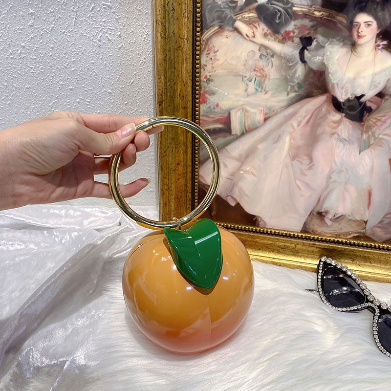 Niedliche kreative Kaki-Pfirsich-Fruchtform-Box-Nischendesign-Münzengeldbörse-Lippenstift-Handtasche-Umhängetasche mit rundem Ring_voghion.com