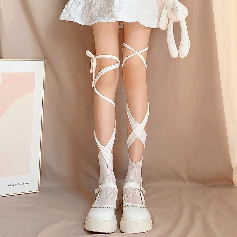 YAHUdie Lace-Up Summer Autumn Thin Lace Hollow Half-Cross Calf Socks Over-the-Knee Black Stockings_voghion.com