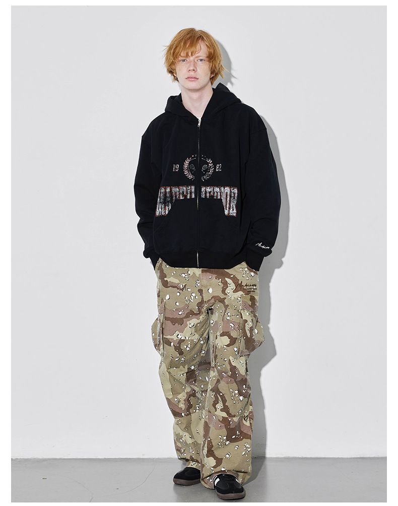 Vintage pound vintage outlets do old effect print loose zip hoodie per uomo nuovo autunno e inverno_voghion.com
