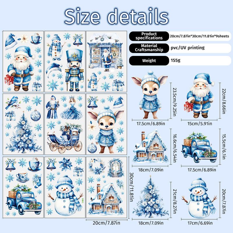 Adesivo decorativo natalizio statico per finestra con Babbo Natale, alce e pupazzo di neve blu, personalizzabile, transfrontaliero_voghion.com