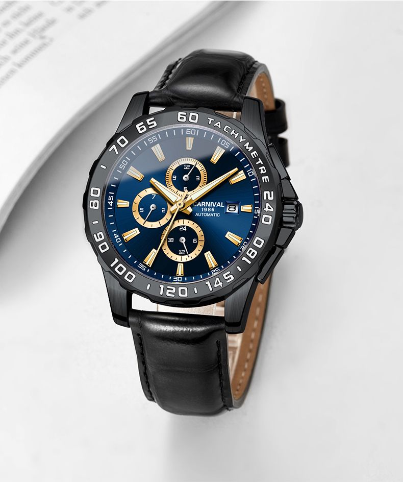 CARNIVAL Montres mécaniques multifonctions pour hommes, montre automatique à double calendrier, bracelet en cuir, lumineuse, étanche_voghion.com