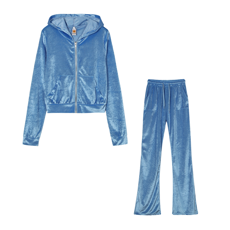 Women's Solid Color Multi-color Casual Canary Pocket Hooded Zipper Hoodie Wide Leg Pants Two-piece Set_voghion.com