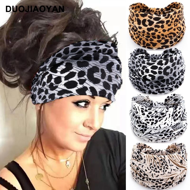 New Leopard Print Digital Printed Sports Headband with European and American Knotted Cross Wide Edge Elastic Headband for Women_voghion.com