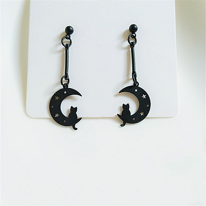Orecchini lunghi a forma di luna con nappine, orecchini a clip non forati con ago in argento, orecchini a forma di stella e luna, orecchini neri con clip per orecchini_voghion.com