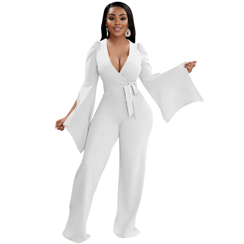 Dametøj nyt produkt ensfarvet sexet dyb V-rem plisseret brede ærmer lange bukser jumpsuit til kvinder_voghion.com