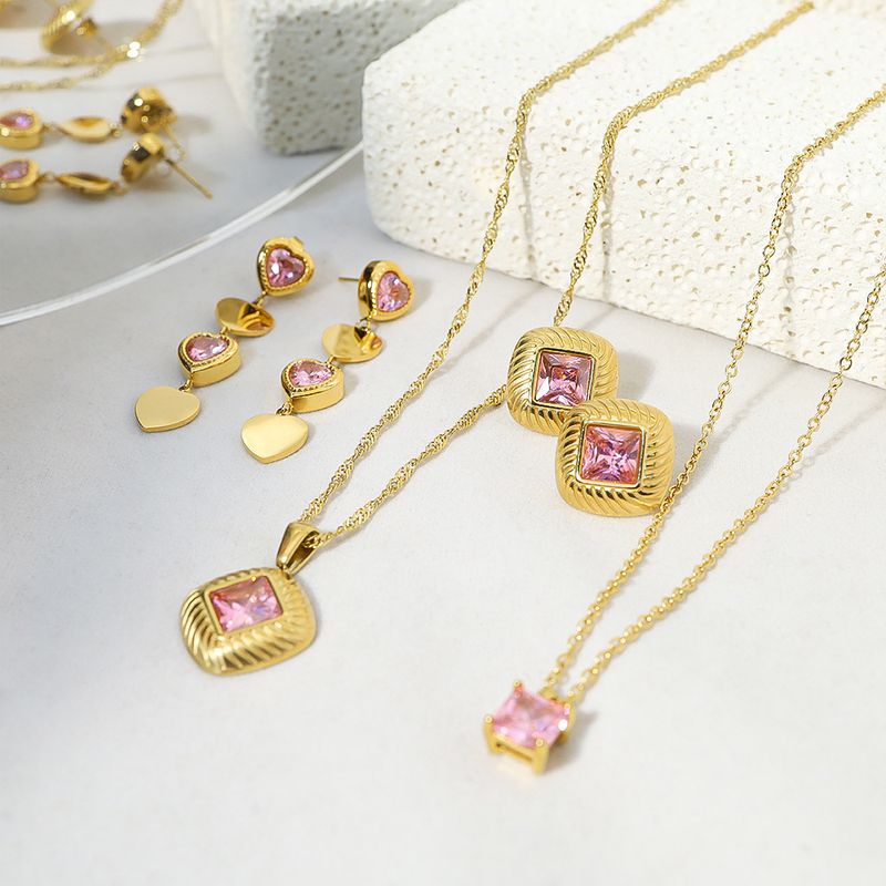 Collana in zircone amore minimalista rosa, orecchini in acciaio al titanio, set di gioielli, catena clavicola versatile di fascia alta di nicchia_voghion.com