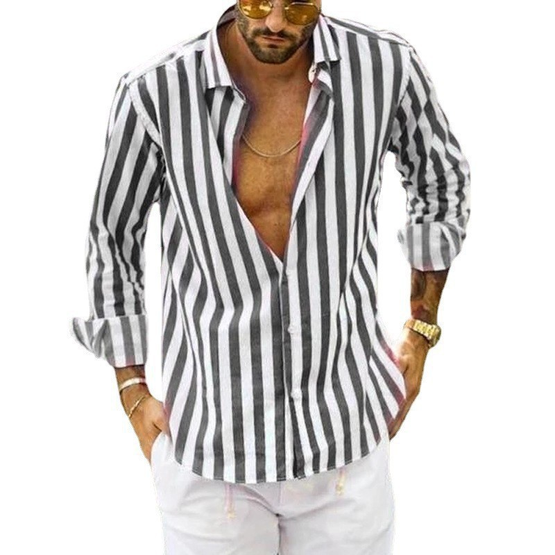 Camicia da uomo a maniche lunghe, ampia, elastica, casual, a righe, stampata, in lino, casual, da uomo_voghion.com
