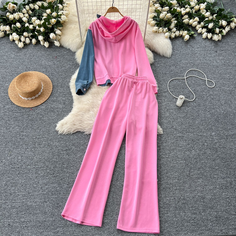 Traje informal para mujer, diseño de moda, sudadera con capucha de dos piezas con empalme, pantalones de mezclilla de cintura alta y pierna ancha con empalme_voghion.com
