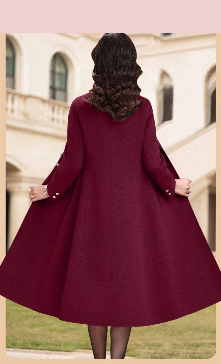 Knielanger Trenchcoat aus Wollmischung mit Gürtel für Damen – Eleganter, lässiger Büromantel in Unifarben (Khaki, Burgunderrot, Kaffeebraun, Karamell)_voghion.com