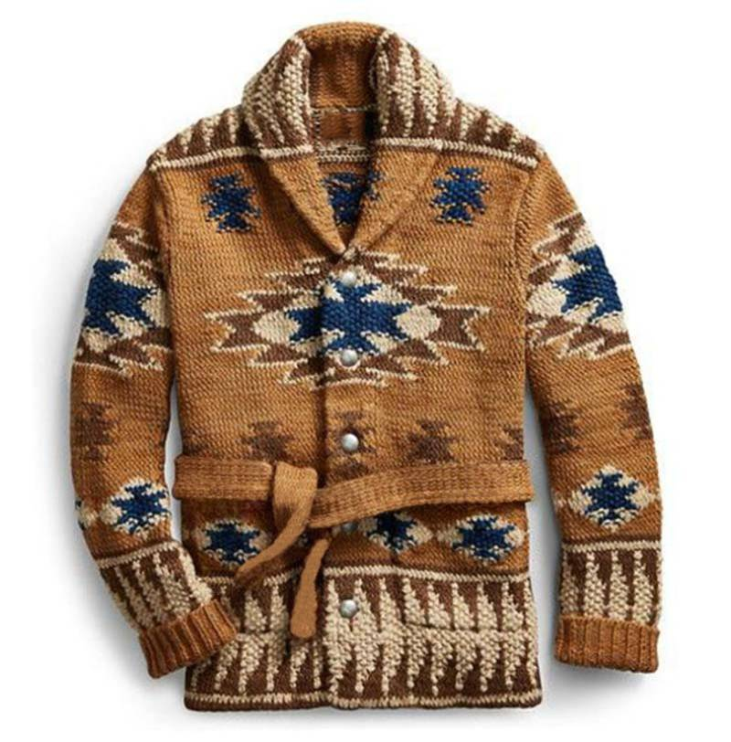 Schwerer Jacquard-Strickcardigan für Herren – Warmer Winterpullover mit offener Vorderseite und Gürtel, lässige Streetwear für Herbst und Winter_voghion.com