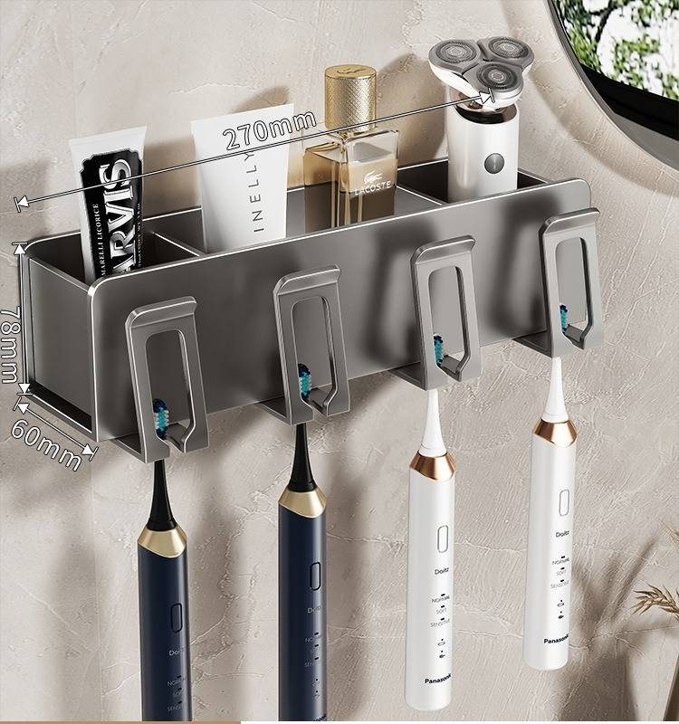 Gun Grey Wall-Mounted Toothbrush Holder With Detachable Toothpaste Squeezer & Matching Cups - Space-Saving Bathroom Organizer For Family Of 2/3/4_voghion.com