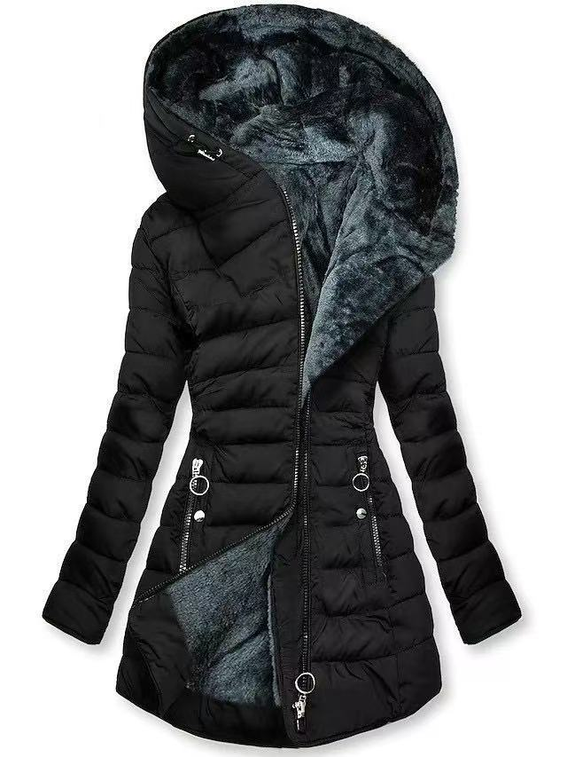 Women's Thickened Warm Hooded Longline Coat With Drawstring & Zip Closure, Fleece Lined Winter Jacket, Slim Fit Plus Size Trench Coat_voghion.com