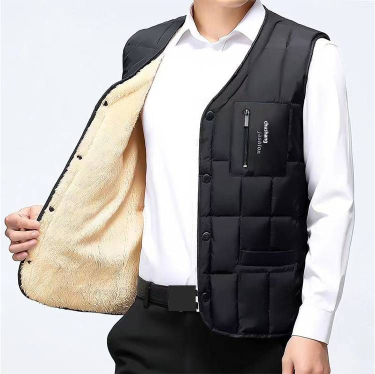 Men's Fleece Vest Winter Warm Padded Sleeveless Jacket For Middle-Aged & Elderly, Plus Size, Classic Solid Color, Lightweight & Comfortable_voghion.com