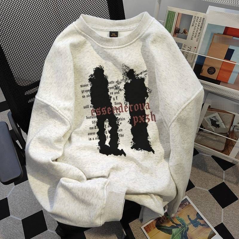 Übergroßes Rundhals-Sweatshirt für Herren – trendiger, bedruckter Freizeitpullover für den Campus und Paare (Weiß/Grau, optional mit Fleecefutter)_voghion.com