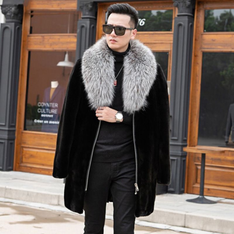 Men's Faux Mink Coat - Oversized Longline Faux Fur Jacket With Zip Front (Streetwear Style)_voghion.com