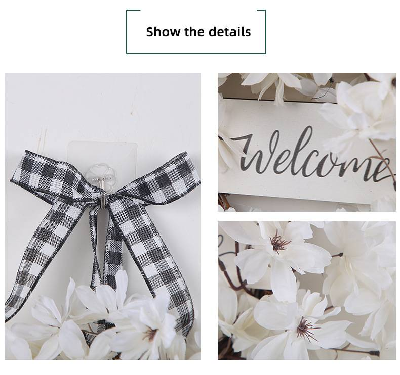 Adorno de puerta con corona primaveral – Decoración floral y lazo hecha a mano (Blanco, 40 cm) Para el hogar o eventos_voghion.com