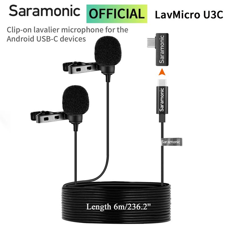 Saramonic LavMicro U3C USB Type-C kondenzátor kettős Lavalier hajtókamikrofon Android okostelefonhoz Youtube videó_voghion.com