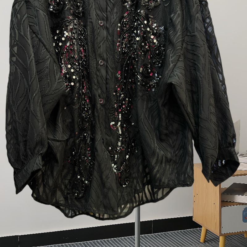 Damenbekleidung All Match Langarmhemd Design Niche Mittellanges Hemd mit schweren Pailletten und Diamanten_voghion.com