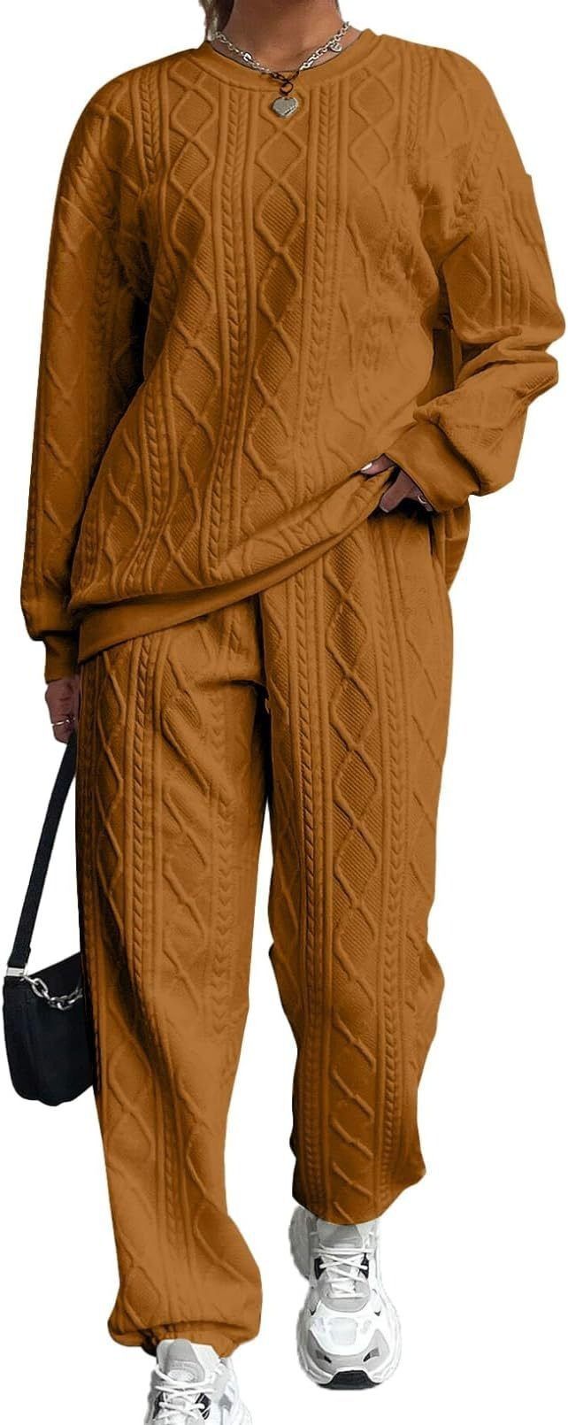Conjuntos de duas peças femininos, conjunto de calças combinando, gola redonda, manga comprida, tops, calças compridas, elegante, cós elástico, casual 2025_voghion.com