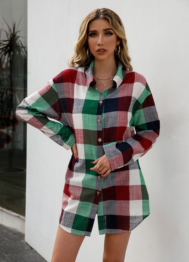 Camicia midi scozzese colorata ampia e casual, top da donna, monopetto, a maniche lunghe, scozzese_voghion.com