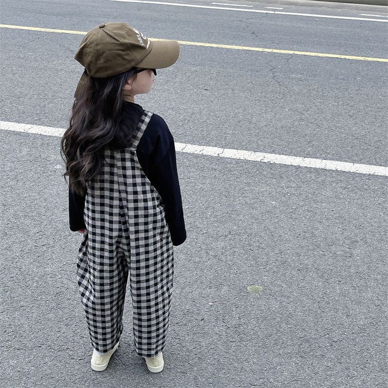 2024 Primavera Nuova Edizione Coreana Abbigliamento per Bambini Ragazze Tuta Aderente A Scacchi Con Gamba Larga Pantaloni Con Cinghia_voghion.com