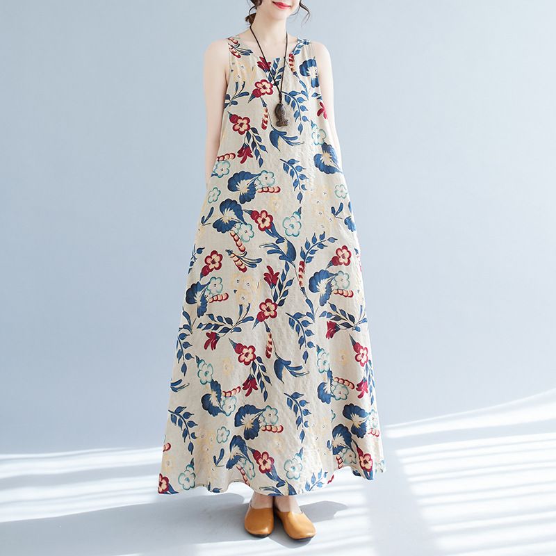 2023 Zomer Nieuwe Plus Size Dameskleding Koreaanse Versie Artistieke Losse En Afslankende Bedrukte Katoenen Linnen Mouwloos_voghion.com