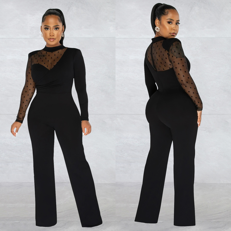 Women's Clothing fashion women's polka dot mesh see-through long-sleeved trousers solid color jumpsuit_voghion.com