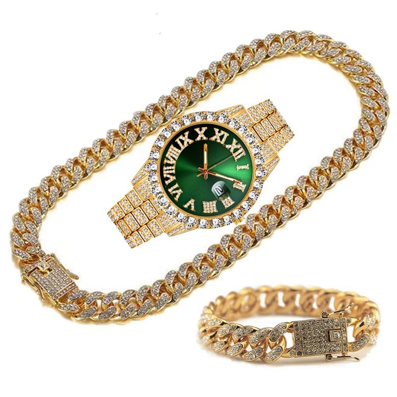 Hip Hop Watches Set Diamond Watch Bracelet Necklace Quartz Watch_voghion.com