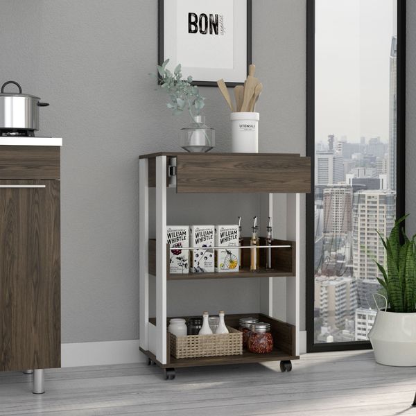 Verona Kitchen Cart; Three Shelves; Four Casters -White / Dark Walnut_voghion.com