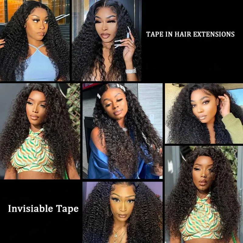 Tape In Human Hair Extensions Deep Wave 20 Stk Sæt Klæbende Sømløs brasiliansk hår Hud Weft Tape Ins Krøllet hår Naturlig Sort_voghion.com
