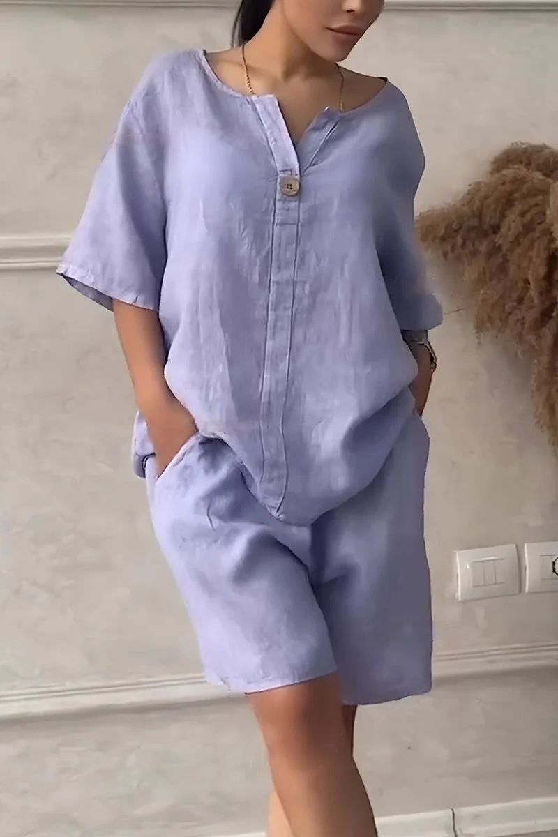 Women's Clothing Summer New Women's 2 Piece Set Large Size Cotton And Linen Shirt Set High Waist Loose Shorts_voghion.com