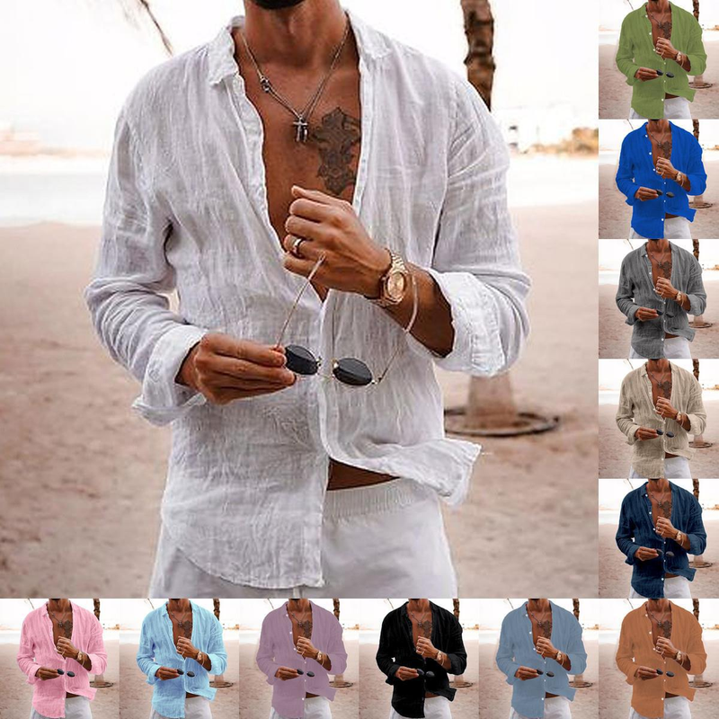 2023 New Men's Shirt Solid Color Loose Single-Breasted Turn-Down Collar Cotton Linen Long Sleeve Top_voghion.com