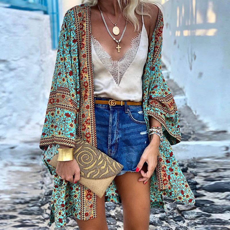 Women's Thin Loose Bohemian Long Sleeve Printed Mid length Cardigan_voghion.com