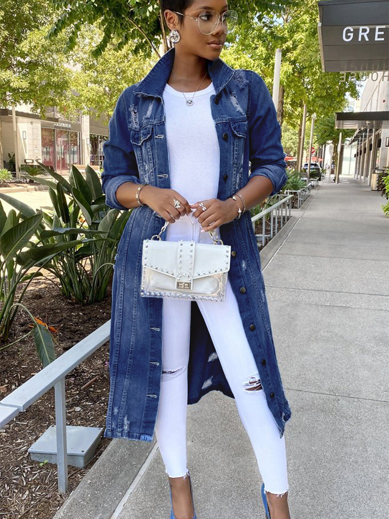 Autumn new denim long windbreaker coat hole Jean jacket women_voghion.com