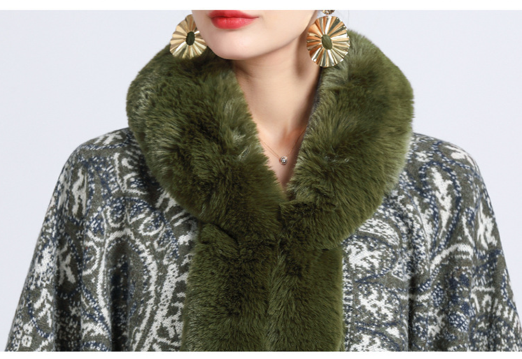 Woolen collar jacquard hooded shawl cape plus-size woolen coat cardigan_voghion.com