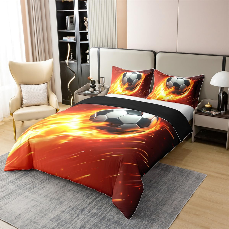Fußball-Bettwäsche-Set, Doppelbett, Fußball-Bettwäsche für Kinder, Jungen und Männer, Feuer, leuchtendes Tor, rot, gelb, Bettdecke, Fußballbezug, weicher, bequemer Bettbezug_voghion.com